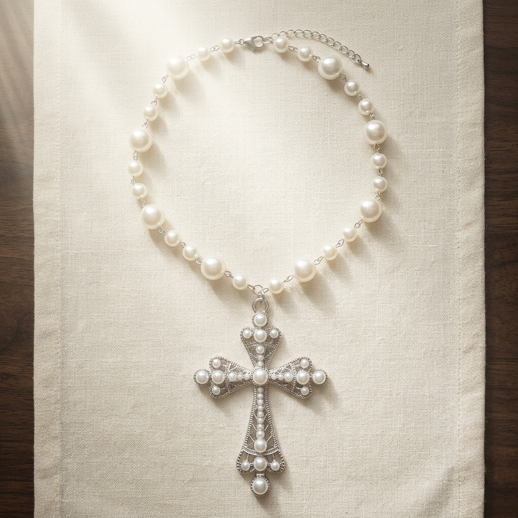 Big White Pearl Cross with pearl beaded Necklace