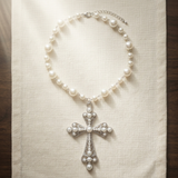 Big White Pearl Cross with pearl beaded Necklace