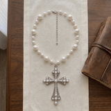 Big White Pearl Cross with pearl beaded Necklace