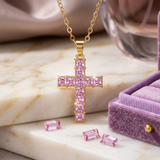 pink stone cross necklace set in gold with gold chain