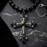 Black & Clear Stones and Black Beads Large Cross Necklace