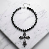 Black & Clear Stones and Black Beads Large Cross Necklace