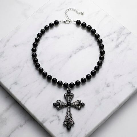 Black & Clear Stones and Black Beads Large Cross Necklace