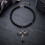 Black & Clear Stones and Black Beads Large Cross Necklace