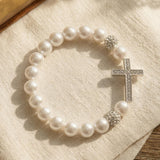 Silver Clear Stone Cross with White Beads stretch Bracelet