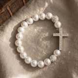 Silver Clear Stone Cross with White Beads stretch Bracelet