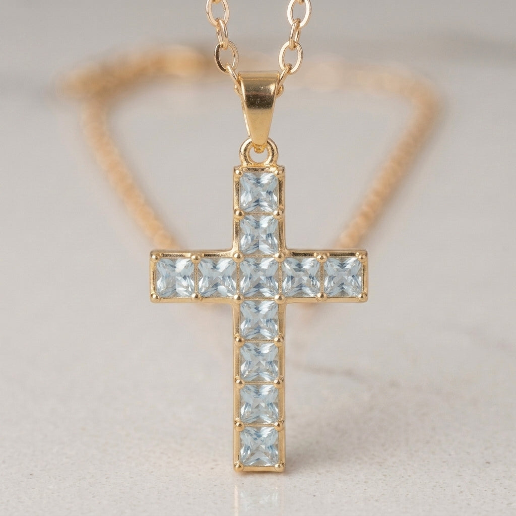 Clear Stone Cross with gold chain Necklace