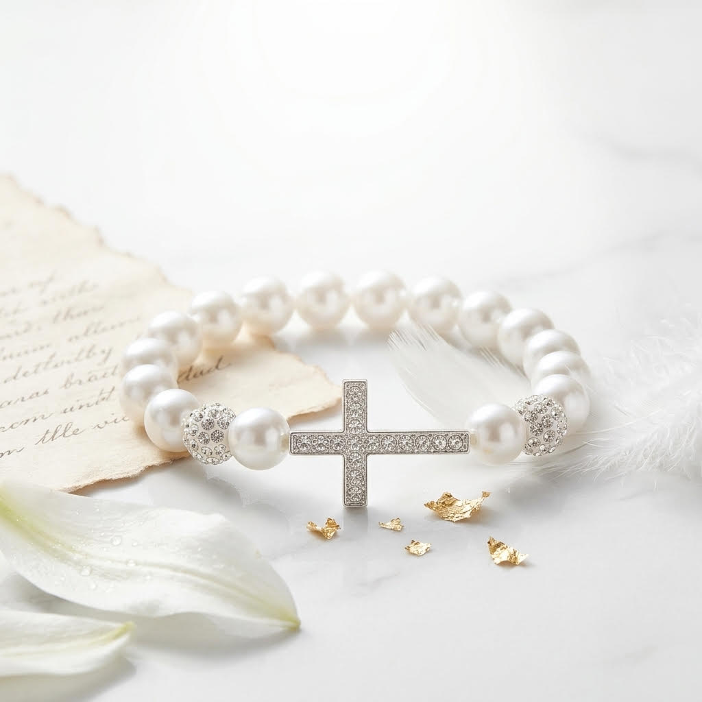 Silver Clear Stone Cross with White Beads stretch Bracelet
