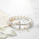 Silver Clear Stone Cross with White Beads stretch Bracelet