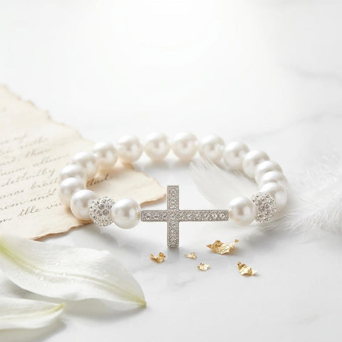 Silver Clear Stone Cross with White Beads stretch Bracelet