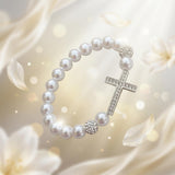 Silver Clear Stone Cross with White Beads stretch Bracelet