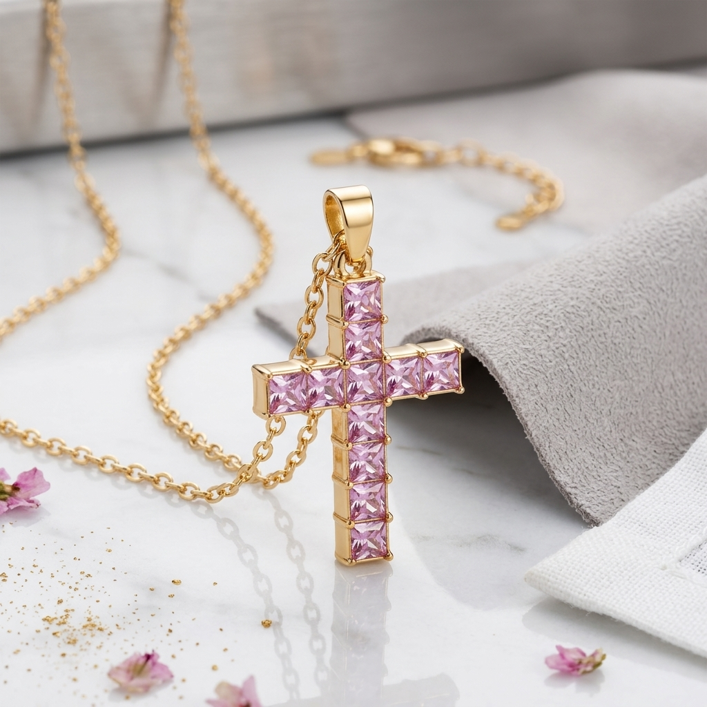 pink stone cross necklace set in gold with gold chain