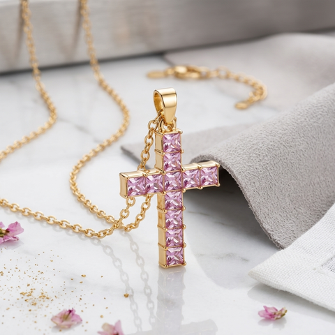 pink stone cross necklace set in gold with gold chain