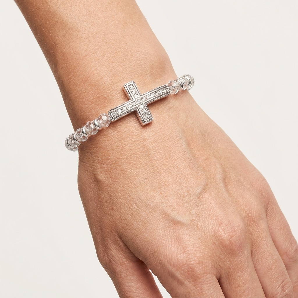 Clear Stone Cross Bracelet with Clear Beads in silver