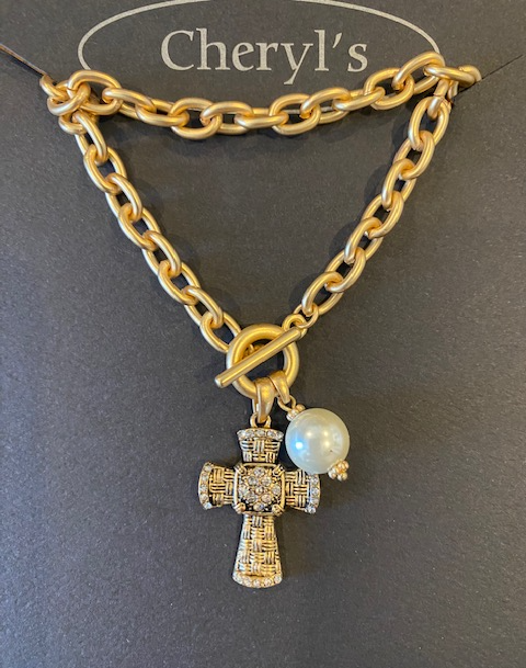 Gold Toggle Basketweave Cross with Pearl Necklace