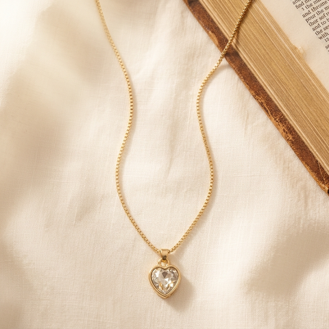 Clear Stone Heart Necklace set in Gold w/ gold chain