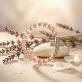Clear Stone Cross Bracelet with Pink Beads in silver