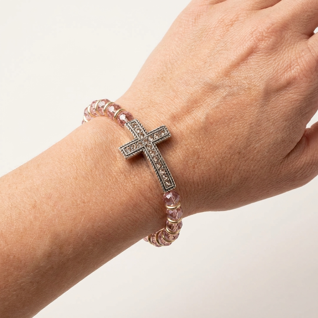 Clear Stone Cross Bracelet with Pink Beads in silver