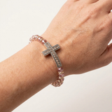 Clear Stone Cross Bracelet with Pink Beads in silver