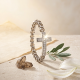 Clear Stone Cross Bracelet with Taupe Beads in silver
