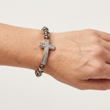 Clear Stone Cross Bracelet with Taupe Beads in silver
