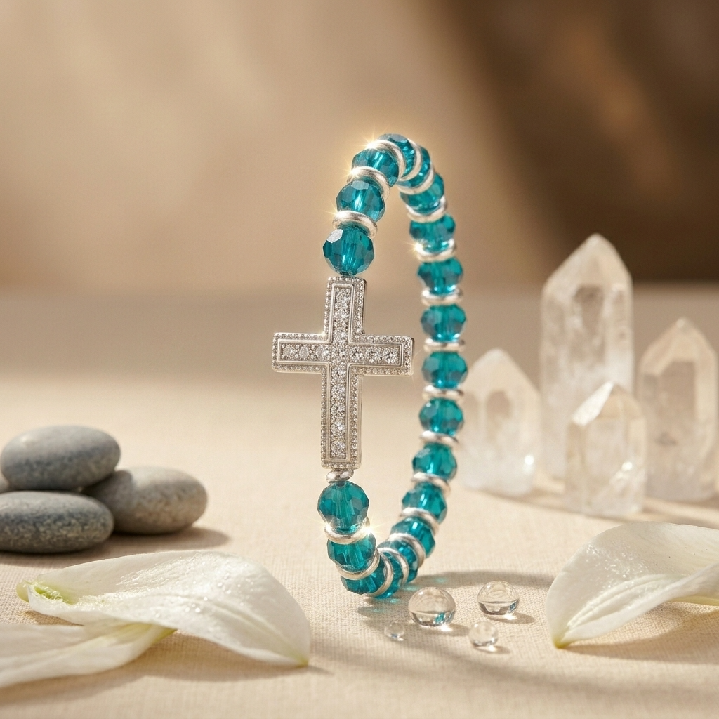 Clear Stone Cross Bracelet with Turquoise Beads in silver