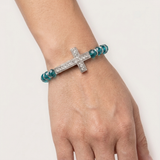 Clear Stone Cross Bracelet with Turquoise Beads in silver