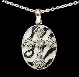 Zebra Oval with Clear Stone Cross Necklace