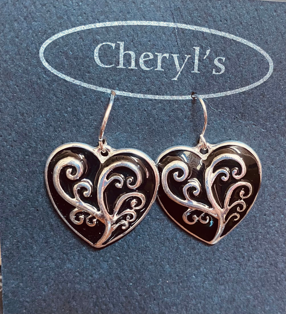 Heart Hook Earrings black with silver scroll design