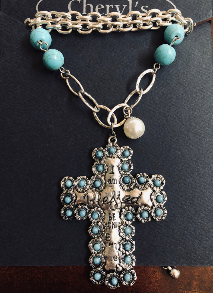 Long “I am Blessed beyond belief” Silver and Turquoise Necklace