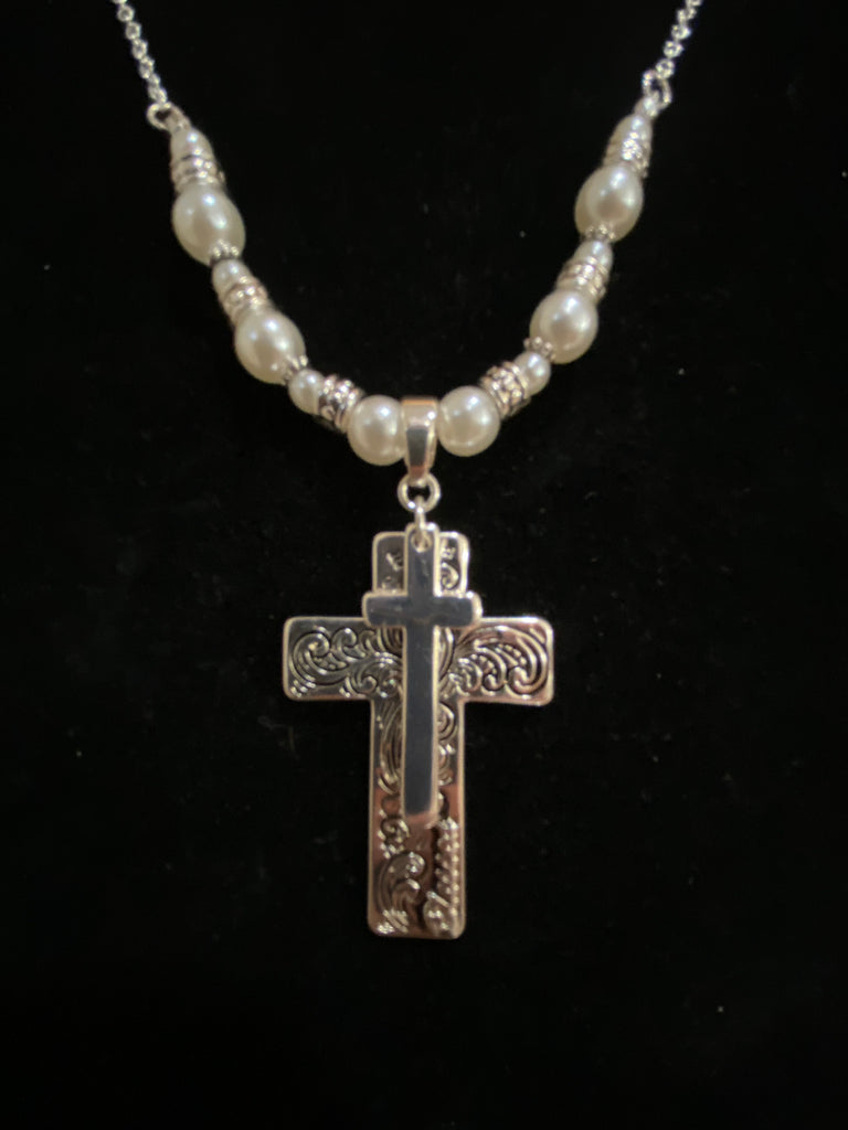 Double Cross with Pearls Necklace