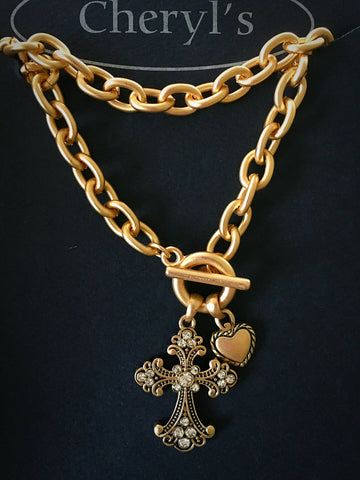 Gold Toggle Antique Cross Necklace