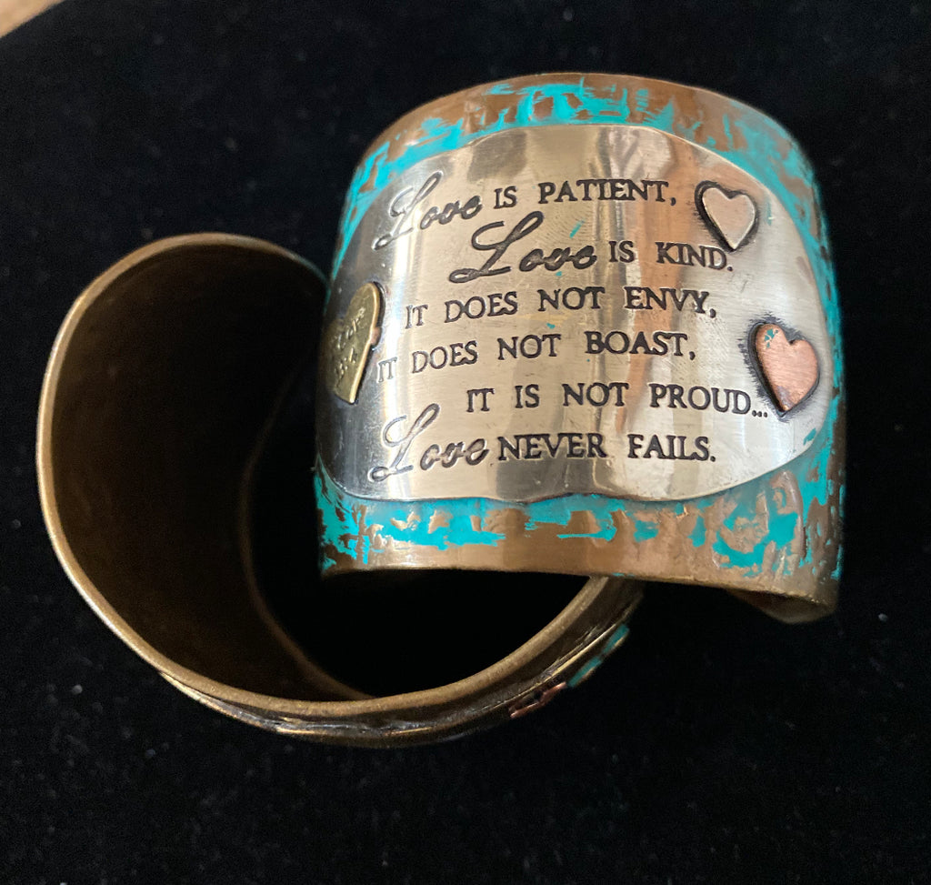 Love is Patient Wide Cuff bracelet with turquoise coloring