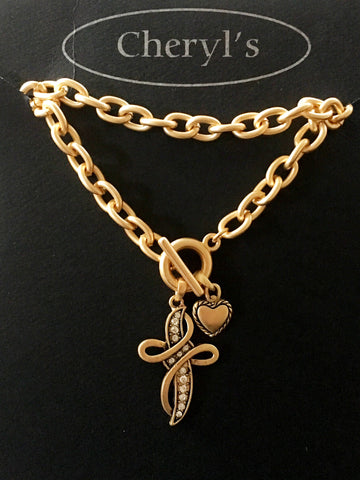 Gold Toggle Cross Heart Necklace