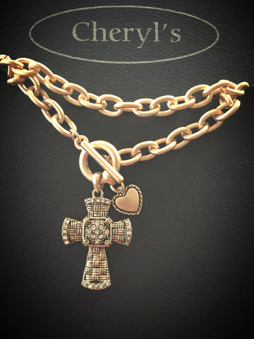 Gold Toggle Basketweave Cross Necklace