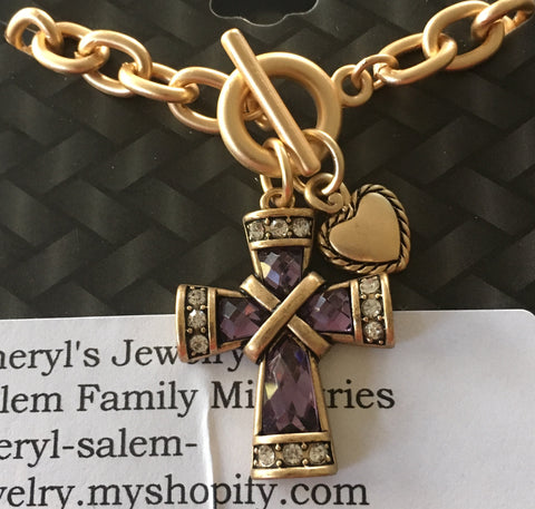 Purple Toggle Cross w/ pearl charm Bracelet