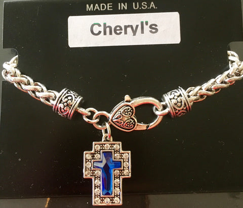 Silver Cross Clasp Blue Stone bracelet