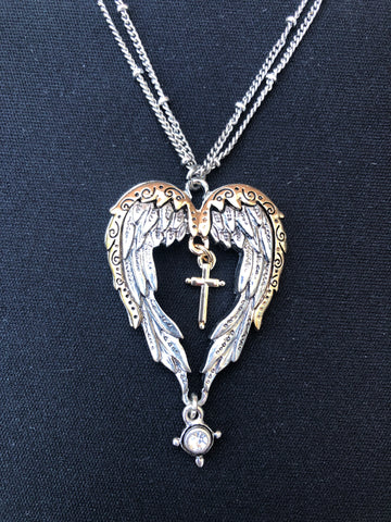 Gold and Silver Wings and Cross Necklace