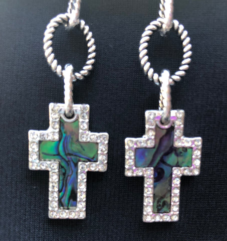 Abalone Cross with Clear Stone Border Earrings