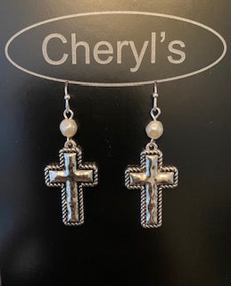Silver cross dangle earrings w/ pearl