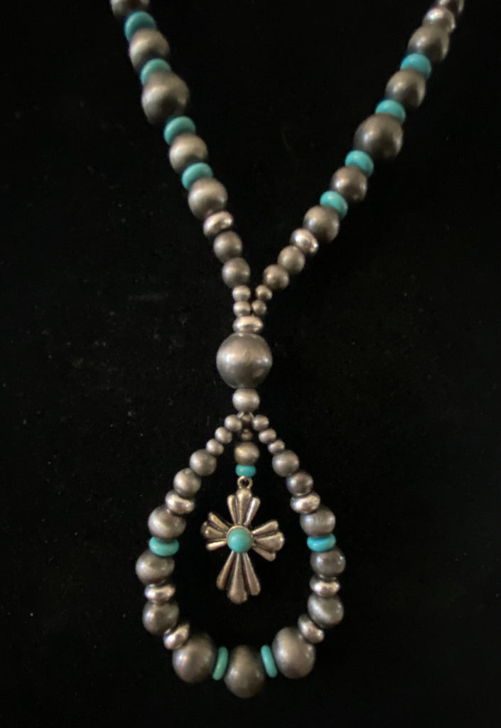 Grey and Turquoise Beaded Necklace w/ cross