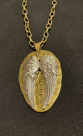Gold Faith Shield Silver Angel Wings Necklace