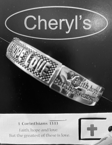 Faith, Hope, Love Cor. 13:13 silver stretch bracelet