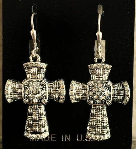 All Silver basketweave Cross Earrings