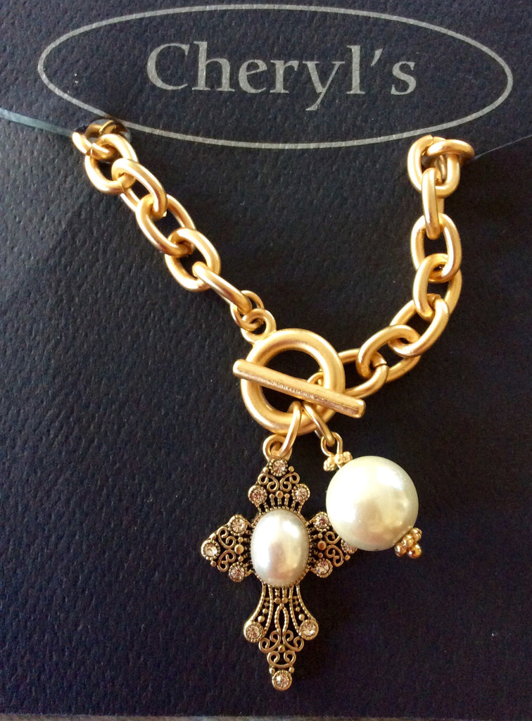 Pearl Gold Toggle Cross Bracelet