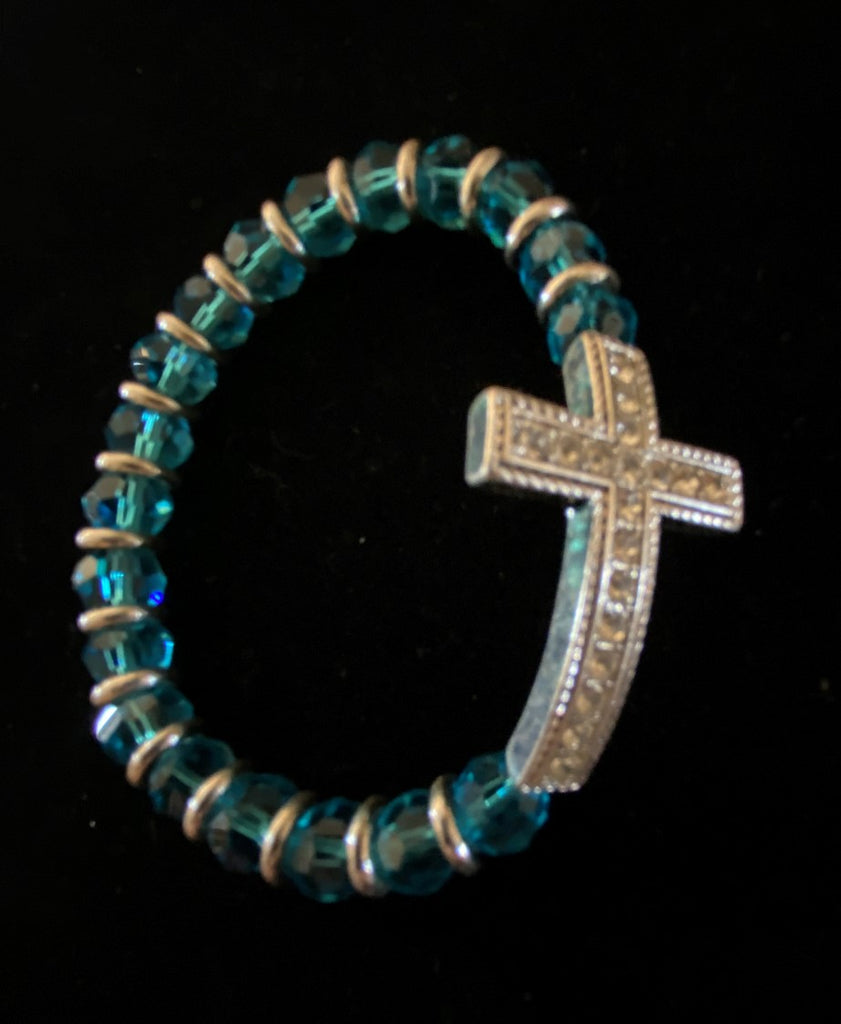 Clear Stone Cross Bracelet with Turquoise Beads.