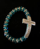 Clear Stone Cross Bracelet with Turquoise Beads in silver