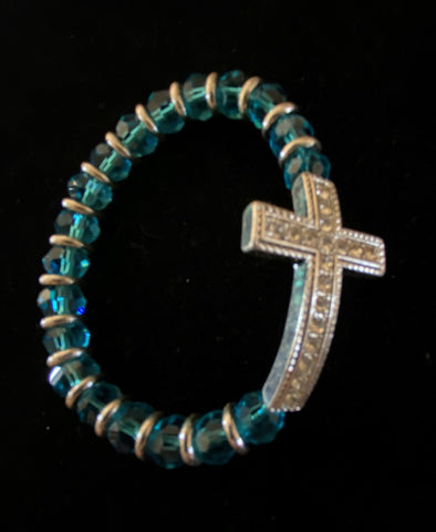 Clear Stone Cross Bracelet with Turquoise Beads.